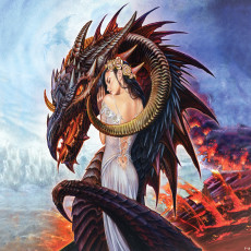 Falfestmény: sárkányasszony, fantasy, tűz, nappali