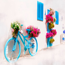 Vintage kerékpáros falikép bougainvilleával a nappaliban