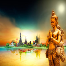 Falfestmény: thaiföldi templomok és Buddha a nappaliban