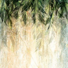 Fali tapéta zöld levelekkel, bézs falú nappali
