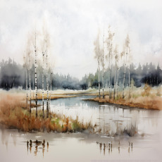 Falikép: nyírfák, tó, akvarell, nappali