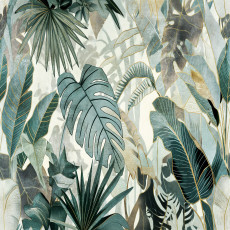 Falikép trópusi levelekkel, monstera és pálma, zöld nappali