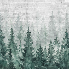 Falfestmény: fenyőfák, akvarell, tégla, zöld, fehér, nappali, hálószoba