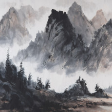Falfestmény: hegyek, japán sumi-e stílus, ködös szürke és fekete, nappali, iroda