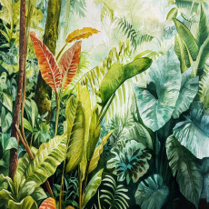 Falfestmény: trópusi dzsungel, monstera levelek, akvarell, zöld, nappali, hálószoba