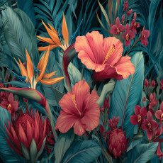 Trópusi hibiszkuszos és strelitzia-mintás falikép, piros-zöld dzsungel stílusban, nappalihoz és hálószobához