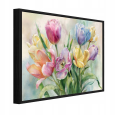 Fekete keretes vászonkép pasztell virágokkal, nappali vagy hálószoba, 40x30