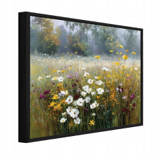 Fekete keretes vászonkép, mezei virágok, rét, nappali, hálószoba, 120x80