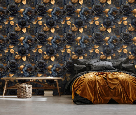 Wallpaper with black flowers on non-woven fabric for living room and bedroom walls