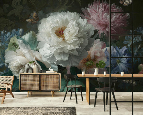 Peony flowers wall mural on black background for bedroom or living room wall, 400x280