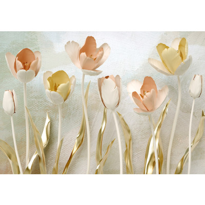 Wall mural 3D tulips pastel cream gold glamour for living room