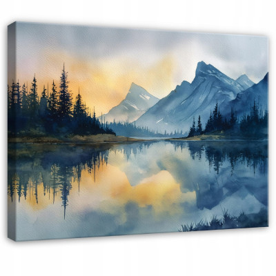 Painting of a mountain, forest, and lake—a nature landscape for the bedroom or living room, on canvas, 120x80 cm