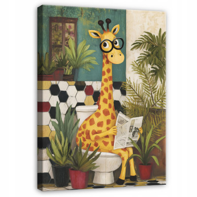 Funny giraffe reading a newspaper in the bathroom or toilet – canvas print, 40x30 cm
