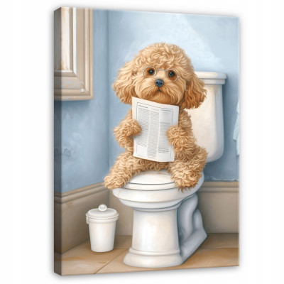 Funny dog reading a newspaper in the bathroom or toilet – canvas print, 40x30