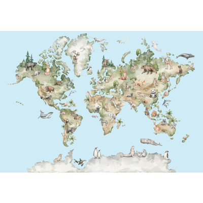 Wall Mural: World Map with Animals, Blue, Kids' Room