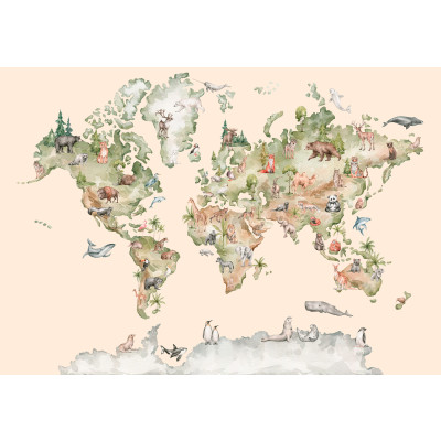 Wall Mural: World Map with Animals, Beige, Kids' Room