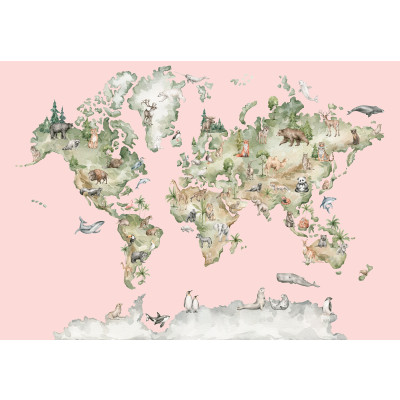 Wall Mural: World Map with Animals, Pink, Kids' Room