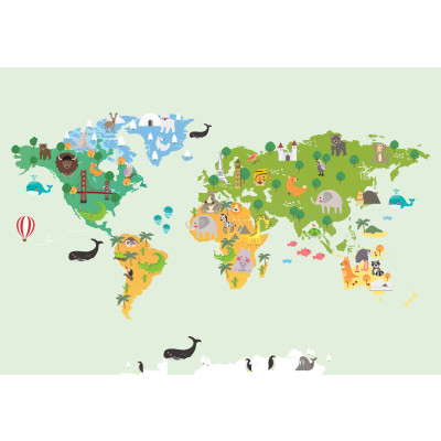 Wall Mural: Cartoon World Map with Animals, Green, Kids' Room