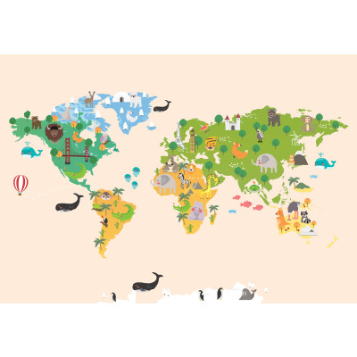 Wall Mural: Cartoon World Map with Animals, Beige, Kids' Room