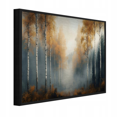 Fémre nyomtatott kép fekete keretben – nyírfaerdő, loft, nappali, hálószoba, 150x100