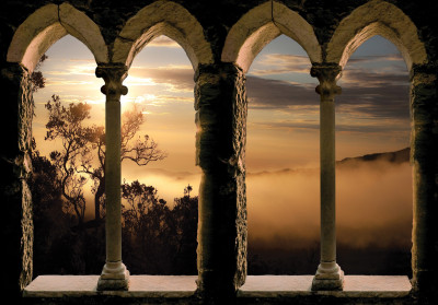 Wall mural Romanesque arches sunset misty landscape view