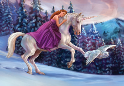 Wall mural princess unicorn winter forest owl for girls room