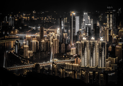 Wall mural city night skyline skyscrapers lights gold black