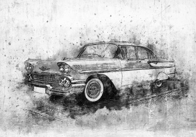 Wall mural vintage retro car sketch black white loft