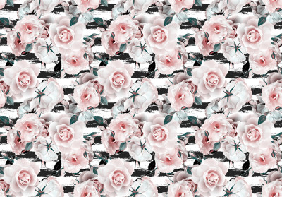Wall mural pink roses black white stripes glamour vintage pattern