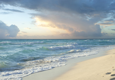 Wall mural tropical beach dawn waves white sand pastel sky