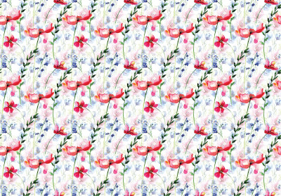 Wall mural watercolor poppies meadow flowers pattern kitchen