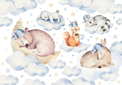 Wall mural sleeping animals watercolor clouds moon kids room