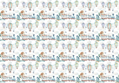 Wall mural watercolor train hot air balloons animals kids pattern