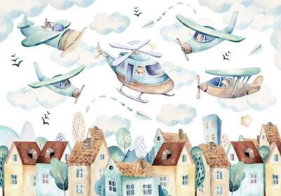 Wall mural watercolor airplanes helicopter town houses kids room