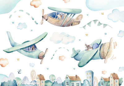 Wall mural watercolor airplanes pilots town pastel kids room
