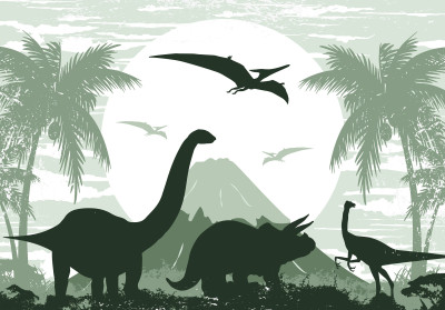 Wall mural green dinosaurs volcano palms silhouette for kids room