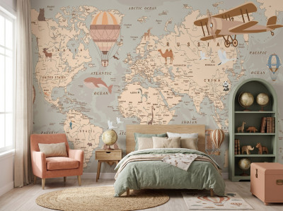 Children's wall mural world map animals wallpaper 400x280