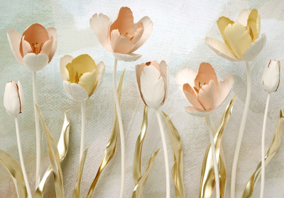 Wall mural 3D tulips pastel cream gold glamour for living room