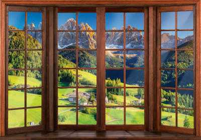Wall mural 3d window view Alps Dolomites mountains meadows