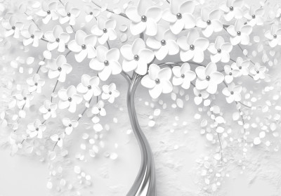 Wall mural 3D white silver flower tree glamour for living room