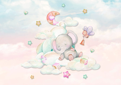 Wall mural sleeping baby elephant clouds moon nursery