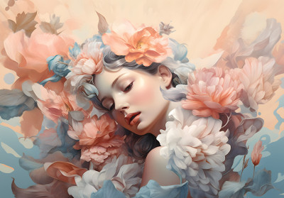 Wall mural woman portrait pastel flowers peonies elegance