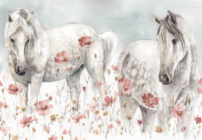 Wall mural white horses watercolor poppy meadow pastel