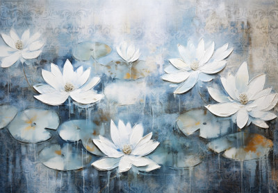 Wall mural white water lilies blue painted abstract