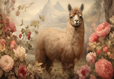 Wall mural llama pink peonies roses vintage romantic