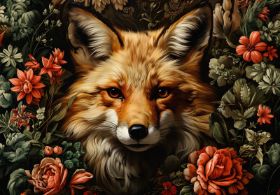 Wall mural fox vintage flowers botanical dark portrait