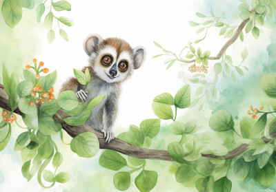 Wall mural watercolor little lemur green leaves for kids room
