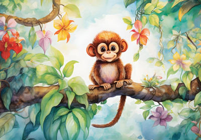 Wall mural watercolor little monkey jungle flowers for kids room