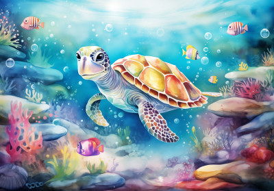 Wall mural watercolor sea turtle coral reef fish for kids room