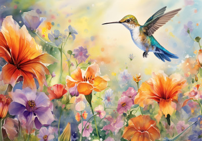 Wall mural watercolor hummingbird colorful flowers poppies vivid pastel